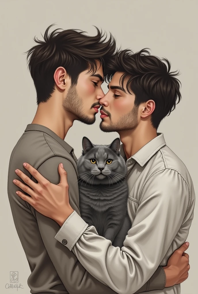Drawing of two young men with a bit of beard, in love, with a grey cat.