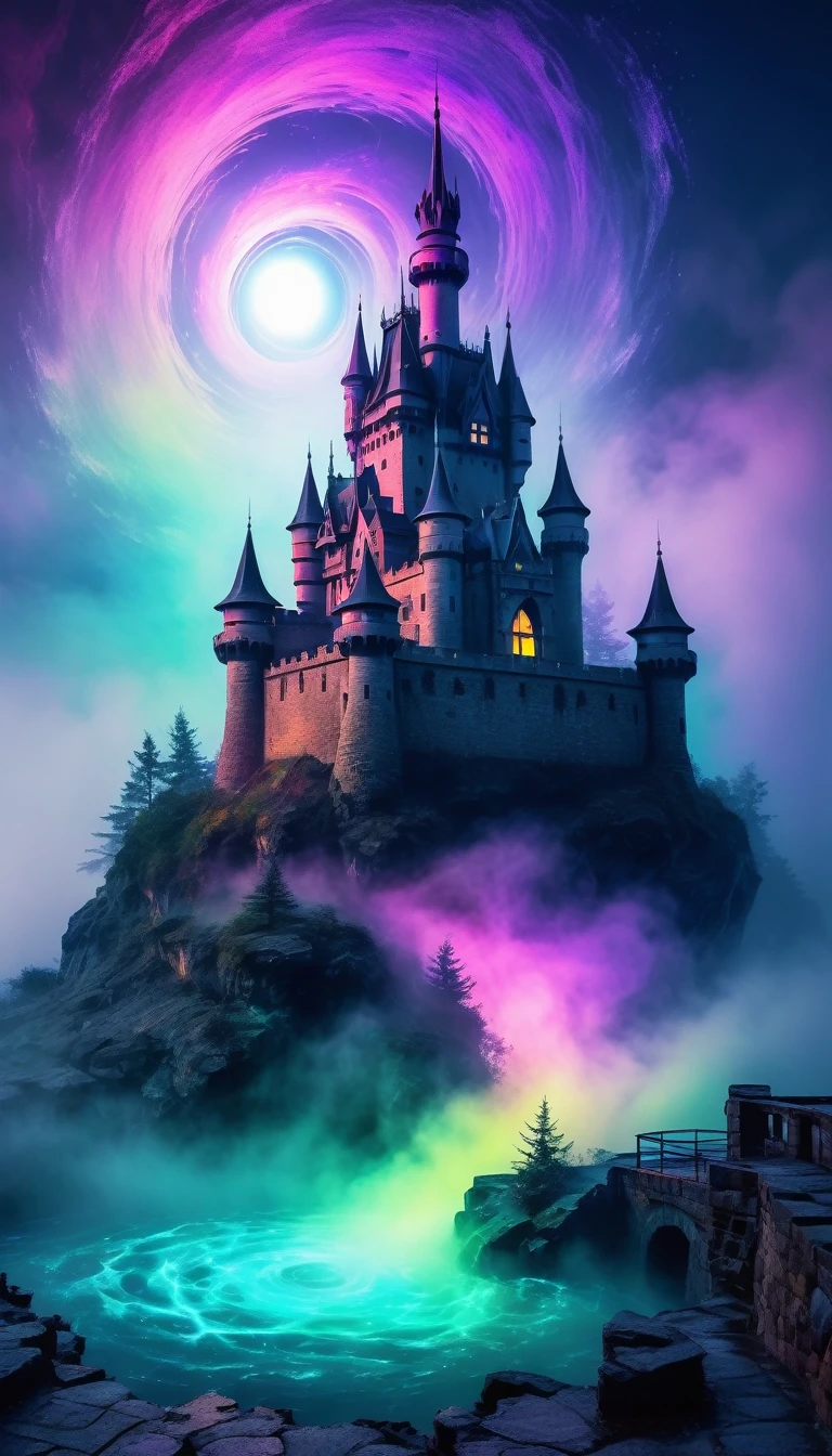 the mysterious fog of the Whirlpool Castle, the alien-like shadow in the center, the eerie colors, iridescent, neon dust, shading effects, gradation magic effects, foggy filter effects, glitter effects, graphic CG digital art