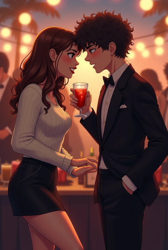 Image of a girl with brown hair wearing eye-catching but casual clothes with a white or cream wool sweater and a short black something that starts with a skirt. 
Now that girl just like this, That she is flirting with a 19-year-old curly-haired guy, half-dark. Let the two of them see each other face to face., the girl flirting with him wanting him to touch her
From the image you sent, have the boy's hand be more, but lower down on the girl's thigh
That the boy is dressed as a butler and that his hand is lower down on the girl
That the girl gives the boy a drink as if they were at a youth party at night, but the boy doesn't want to and he is shy, while the girl on the contrary, that the girl harasses the boy, that the girl puts the boy's hand on her thigh, that the girl has a more provocative attitude for him, and now have the boy grab a leg and lift it 
