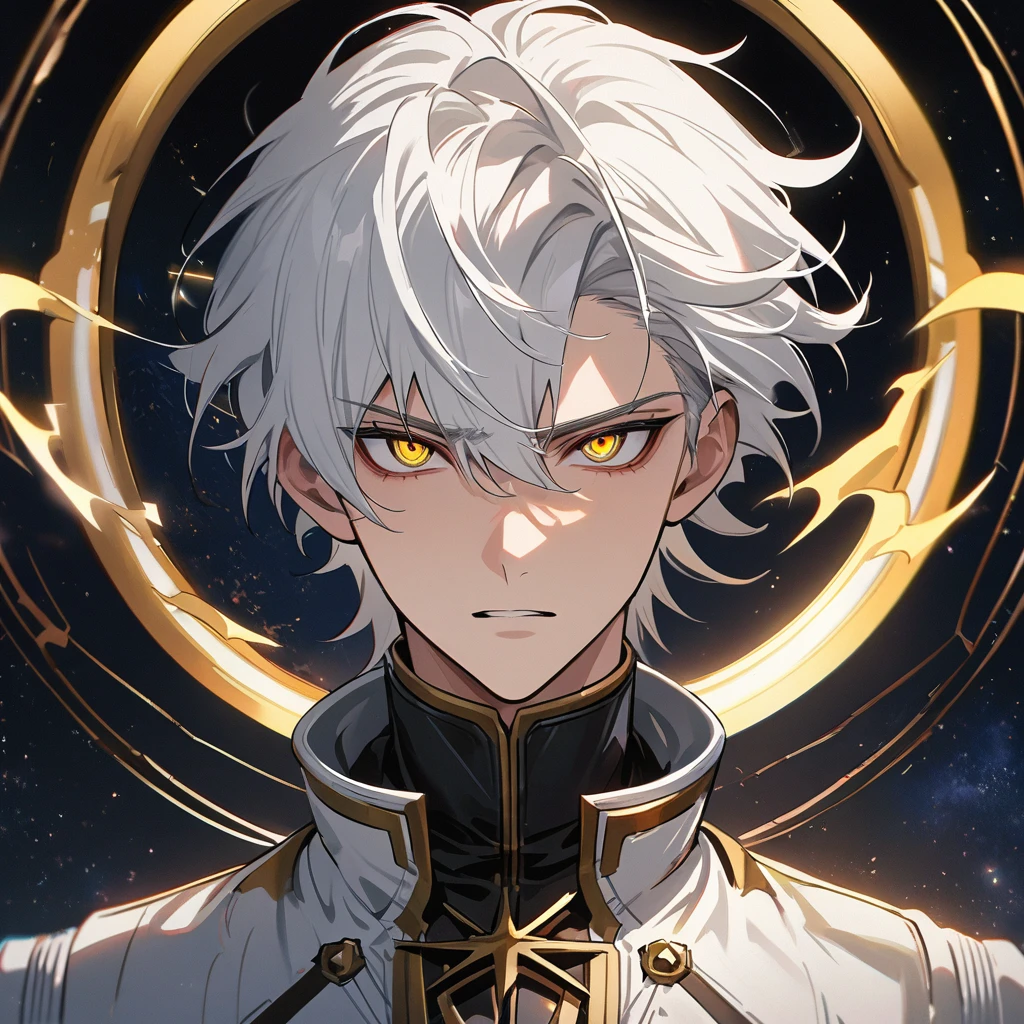 High quality, HD, 4k, no shadows, handsome male, handsome, 1male, 18 years old, 18yo, short white hair, white hair, white hair, white hair, sharp eyes, deep golden colored eyes, dark gold colored eyes, deep gold eyes, gold eyes, devil may cry, close up, calm expression, stoic expression, black leather clothes, white leather clothing, lean body, well trained body, upper body, looking at viewer, cowboy shot, white solar, space background