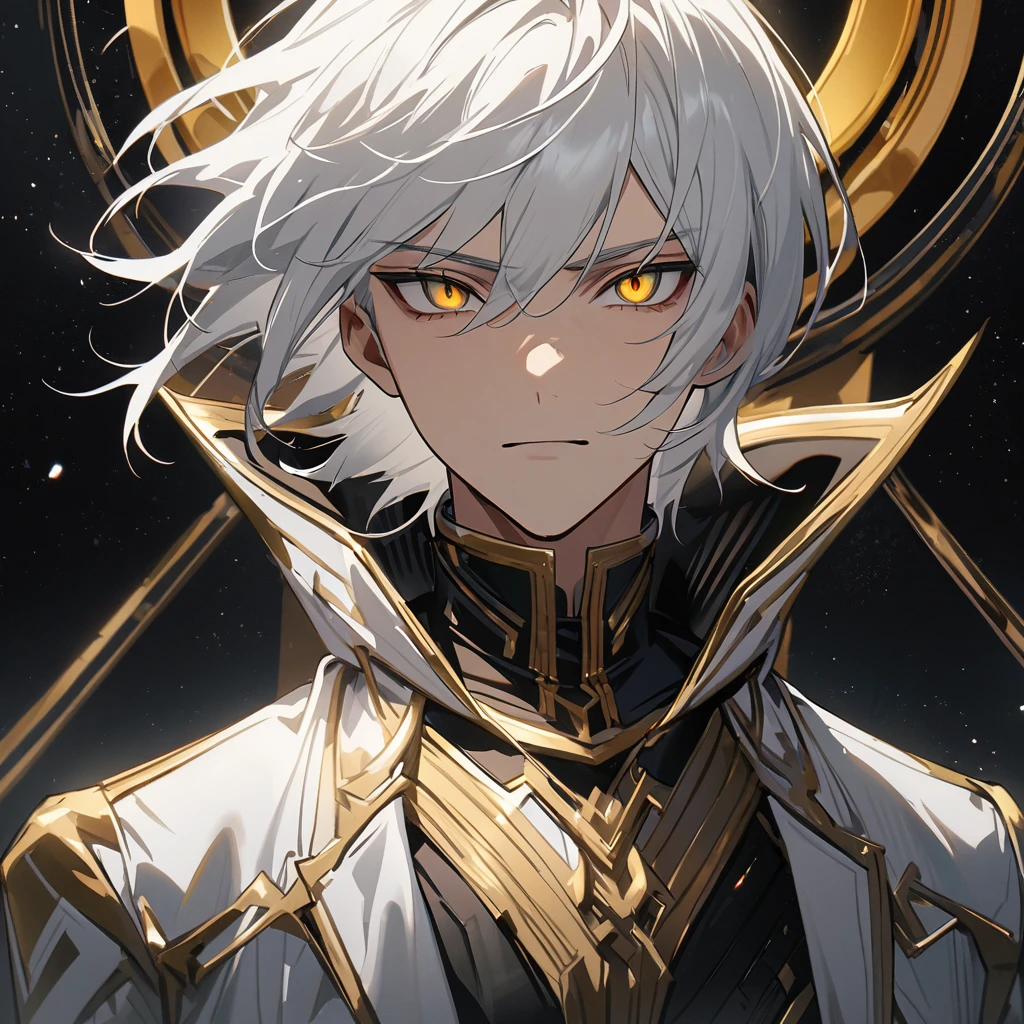 High quality, HD, 4k, no shadows, handsome male, handsome, 1male, 18 years old, 18yo, short white hair, white hair, white hair, white hair, sharp eyes, deep golden colored eyes, dark gold colored eyes, deep gold eyes, gold eyes, devil may cry, close up, calm expression, stoic expression, black leather clothes, white leather clothing, lean body, well trained body, upper body, looking at viewer, cowboy shot, white solar, space background