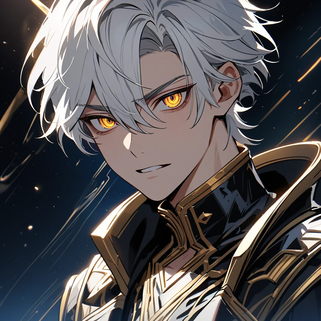 High quality, HD, 4k, no shadows, handsome male, handsome, 1male, 18 years old, 18yo, short white hair, white hair, white hair, white hair, sharp eyes, deep golden colored eyes, dark gold colored eyes, deep gold eyes, gold eyes, devil may cry, close up, calm expression, stoic expression, black leather clothes, white leather clothing, lean body, well trained body, upper body, looking at viewer, cowboy shot, white solar, space background