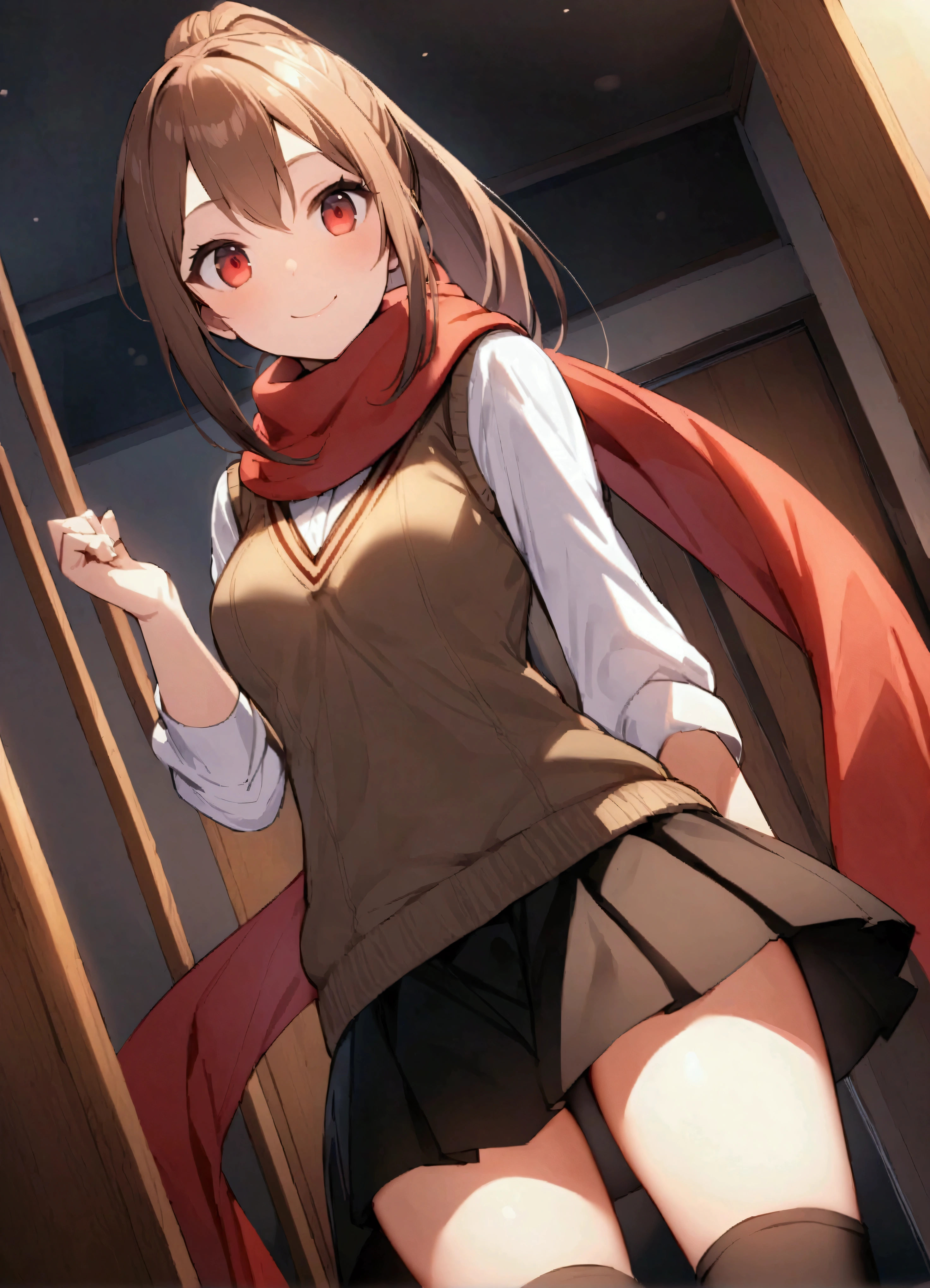 Gun Sakura Princess、Front view、Viewer's perspective、Long Hair、Brown Hair、Red Eye、ponytail、、skirt、Knee socks、uniform、プリーツskirt、boots、scarf、Absolute area、Sweater vest、、indoor、Proud、smile、Staring at the audience、solo、Cowboy Shot、Dutch Angle