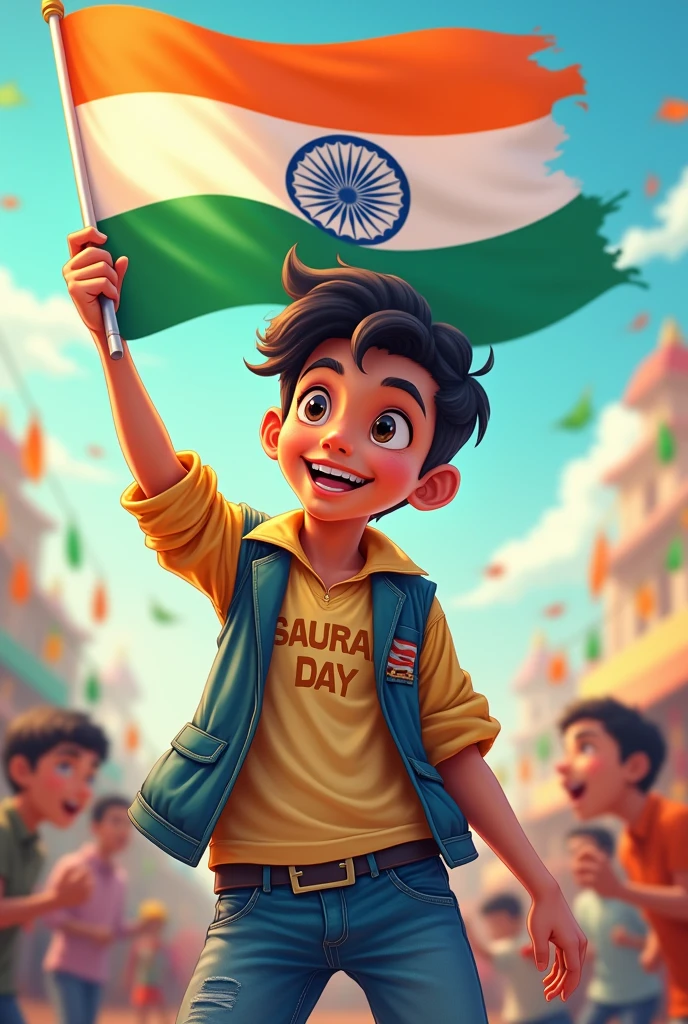 Image of a most handsome Indian boy celebrating independence day tricolour flag in his hand with a fashionable outfit Saurabh written on it with an anime style 