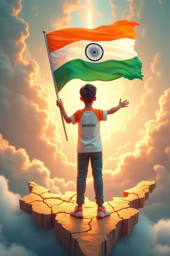 create a 3D illustration of a 24 year old boy is stand on India colour map has INDIAN FLAG in hIS hands and Name 'GANESH' is written on the boy's t-shirts T shirt colour on Indian flag colour, 3 item image features with Divine background.