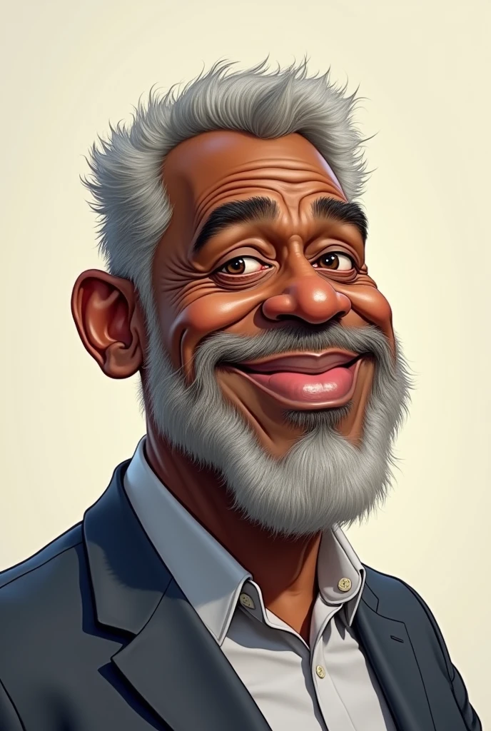 Create a caricature of a 46-year-old black man with a short, gray beard, with graying hair but little hair, plumpness