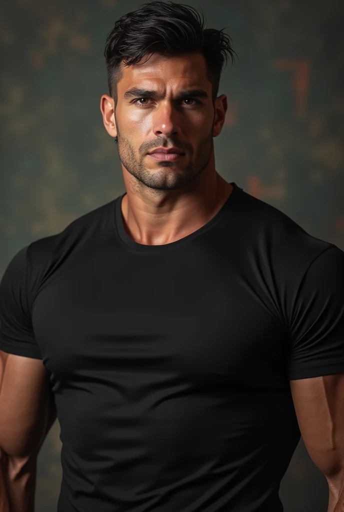 Bblack hair,1.97 96 kg,athletic body brown eyes,short hair wearing a black shirt