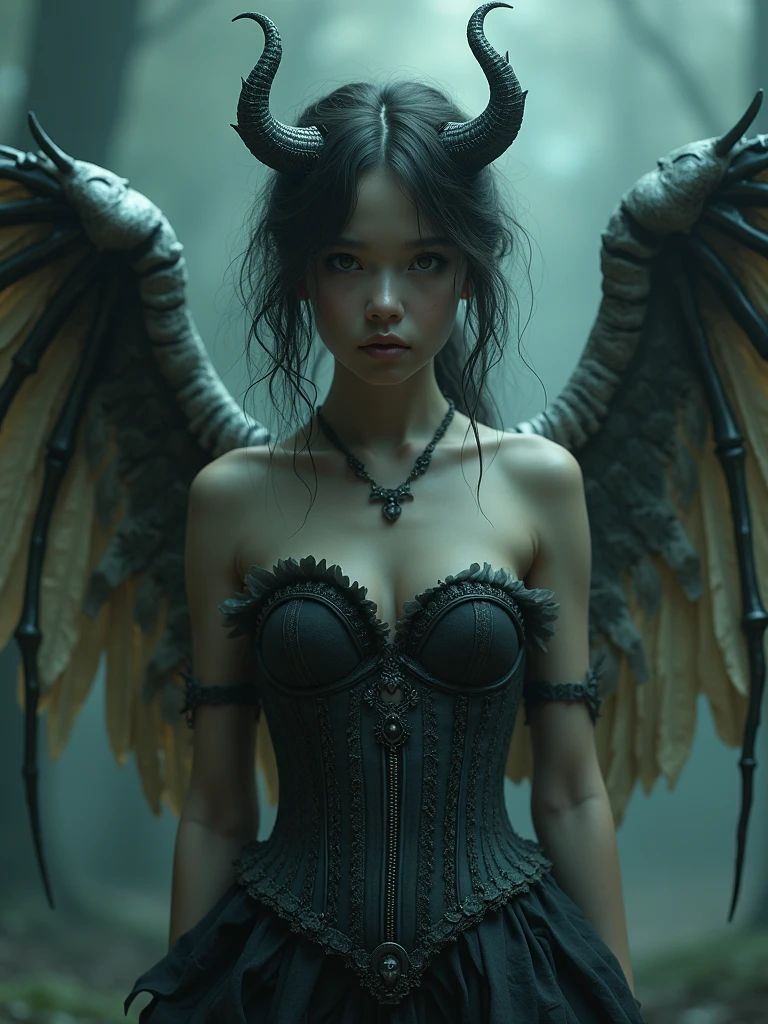 A girl in the image of a fallen angel with bone wings and a bone corset, dark demonic terrifying, many details, gloomy atmosphere, extremely detailed, 8k, hyperdetailed, masterpiece