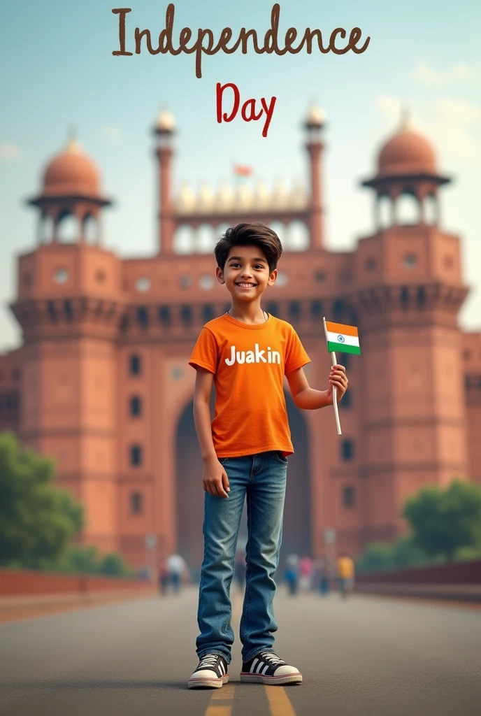 A real 15 years boy.
Wearing Orange T shirt blue jeans sneakers
and the name". Juakin " is written on his t shirt and the 3 boy is standing on the road with holding a national flag of India. and behind him is the Red fort Delhi. And written on sky "Independence Day Create Realistic image high quality .
