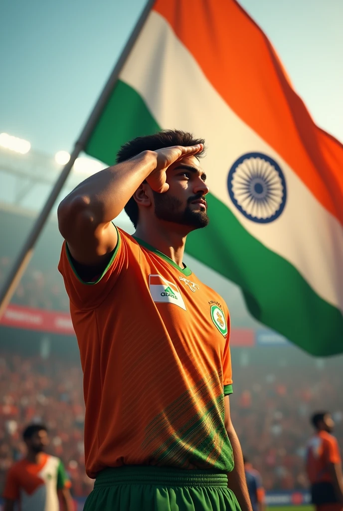 Aarav name Indian jersey salute towards Indian flag with name Aarav