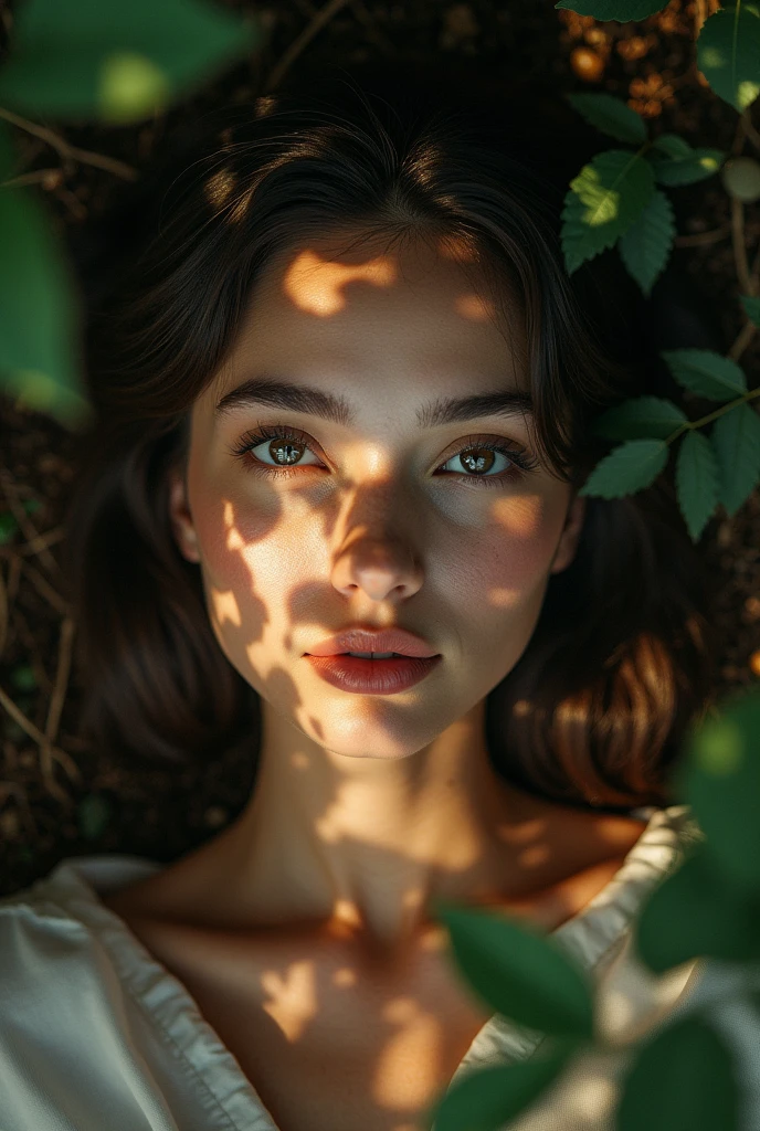 An image focuses on light and shadow on a woman's face lying on the forest ground, leaves around, partial glittering rays of light, unique features of the woman