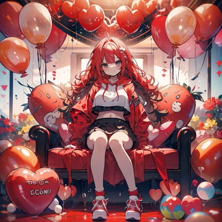 1 person、Mature、Ample breasts、Long Hair、Red balloon、Bubble gum、Curly Hair、smile、Belly button、hoodie、Miniskirt、garter、Crossing your legs、Platform sneakers、sit、Lots of balloons、Red Balloons、sofa、High resolution、Highest quality、