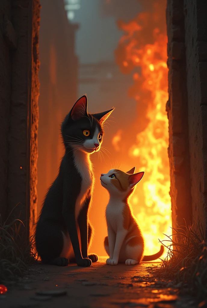 A couple of cats who broke up because he's thin, She leaves him for a stronger cat, After time they meet again and he saves her from the flames, He manages to save her but he dies and she lives with lifelong regret