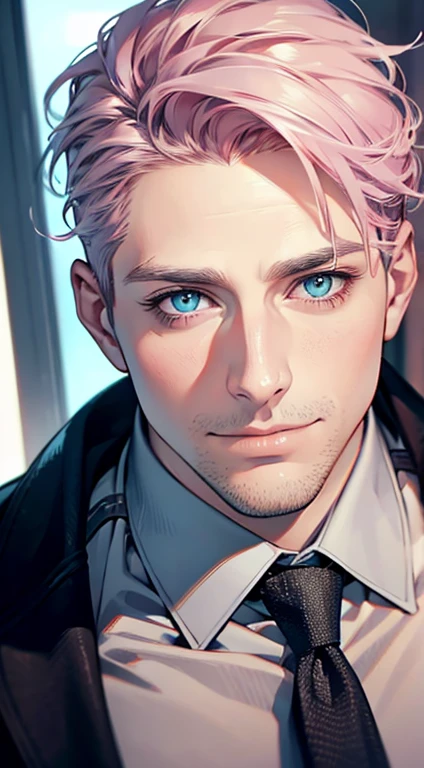 (best quality,4k,8k,highres,masterpiece:1.2),ultra-detailed,(realistic,photorealistic,photo-realistic:1.37),1 man,31 years old,mature man,very handsome,without expression,smile,short grey pink hair,blue eyes,penetrating gaze,perfect face without errors,imposing posture,businessman,office background,cinematic lighting,hdr image