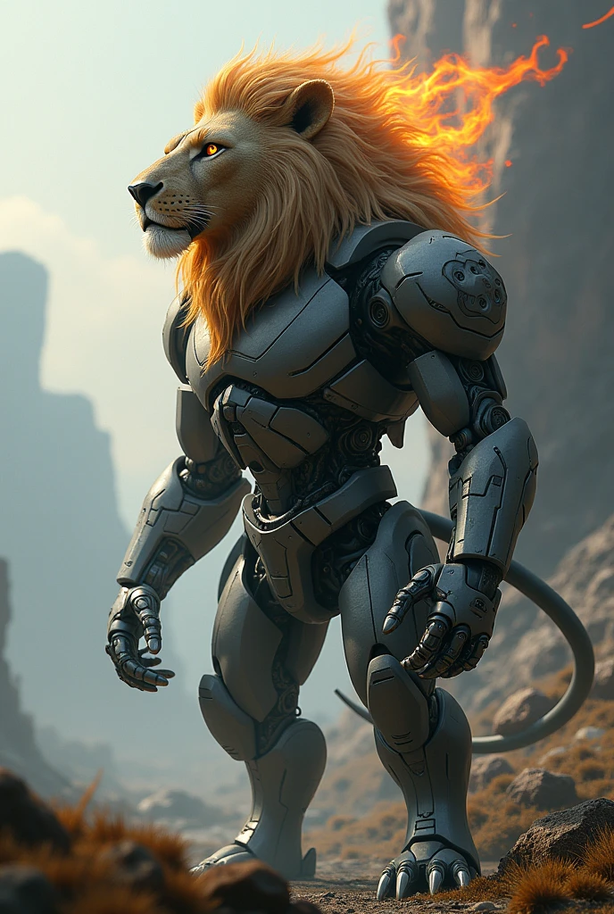 It has the head of a lion, a robot body, and can breathe fire.