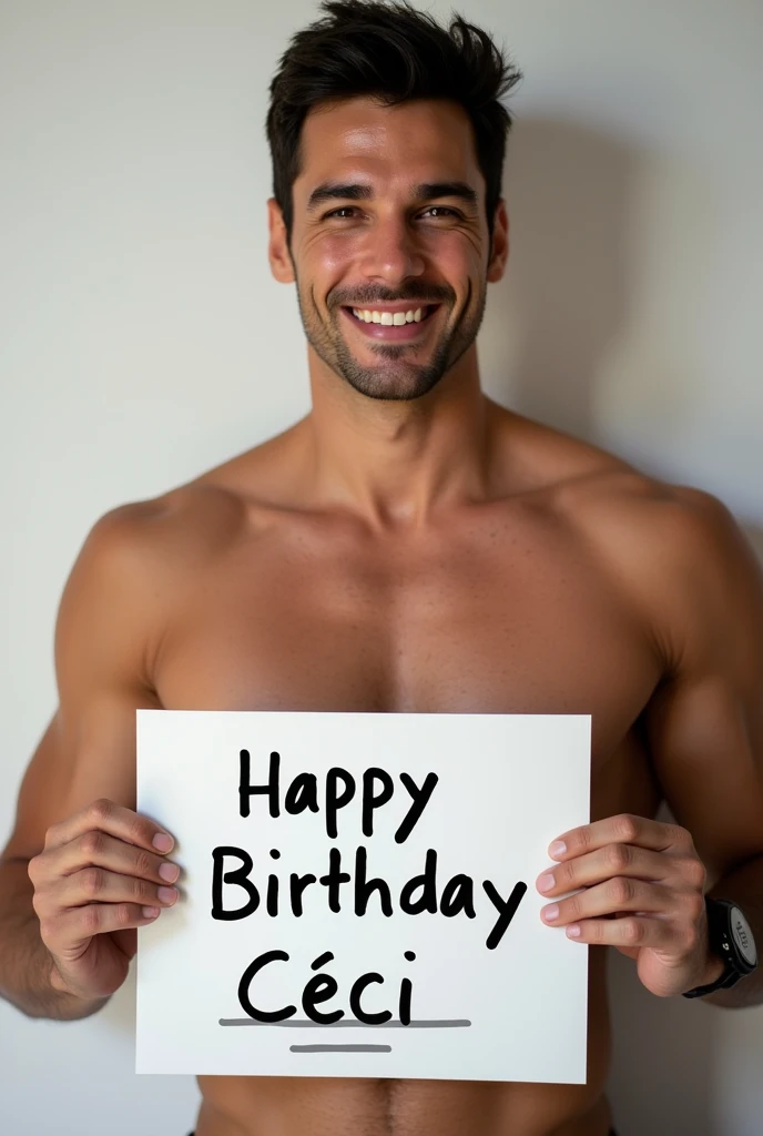 Photo of Enrique Iglesias shirtless with a sign that says Happy Birthday Ceci