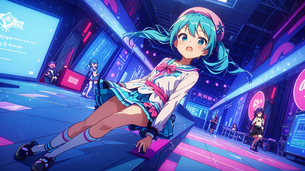 One girl only girl masterpiece、Superior image quality、超High resolution、Miku Hatsune、blue hairs、two-tailed、blush、mock、Open your mouth a little、casual clothes、casual miniskirt、Wearing a small beret、japanese amusement park