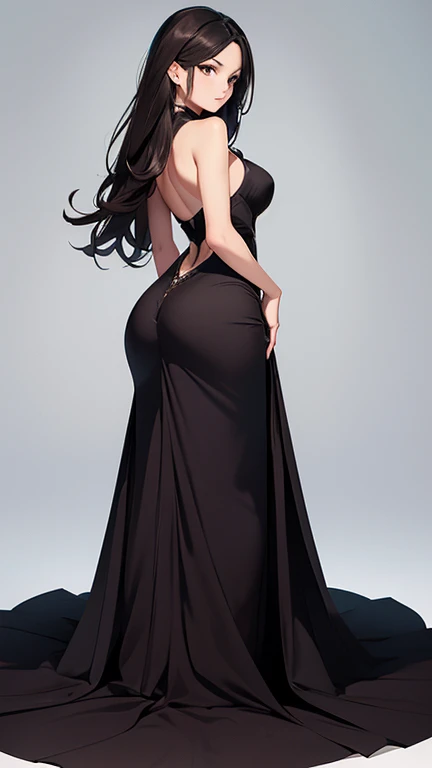 Beautiful woman, full body, elegant dress, turning back, standing on knees and arms, silky dark brown hair, brown eyes,  drawing a playfully rebellious aesthetic, with long, luxurious, (black hair) adding an air of youthful mischief,