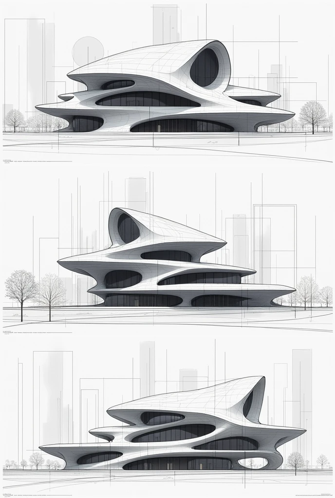 Make a blue print about a building with all conic sections front left and right view make 5 options