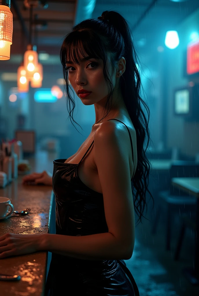 ((best quality)), ((masterpiece)), (detailed), 1girl, (black apron:1.6) Caucasian (black hair:1.3), slender cute, ponytail hairstyle, age 25:1.3, makeup:1.3, eye makeup:1.2, big lips:1.3, full body visible in a dark blue restaurant, pov from bellow, ( short height slender cute:1.3), naked, seductive pose, realistic photo, ((4K)) shiny skin, wet dripping skin, after rain