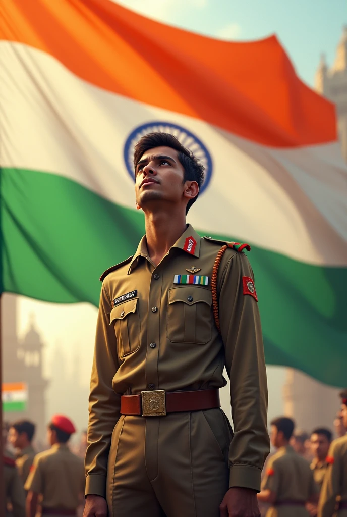 22 year old Indian boy is celebrating Independence Day on 15th August 2024. His name Vivek is written on his uniform or he is saluting the Indian flag or he is wearing the uniform of the Indian flag or he is facing the Independence Day. to cry