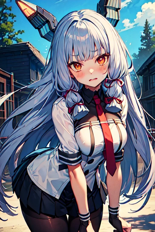 ((Highest quality)), ((masterpiece)), (detailed), One person, murakumo_kantaicollection
long_hair, hair_ribbon, ribbon, Headgear, bangs, grey_hair, sidelocks, blunt_bangs, tress_ribbon, orange_eyes, necktie, blush,
embarrassed, (bends over), Leaning forward, breasts apart, open chest,