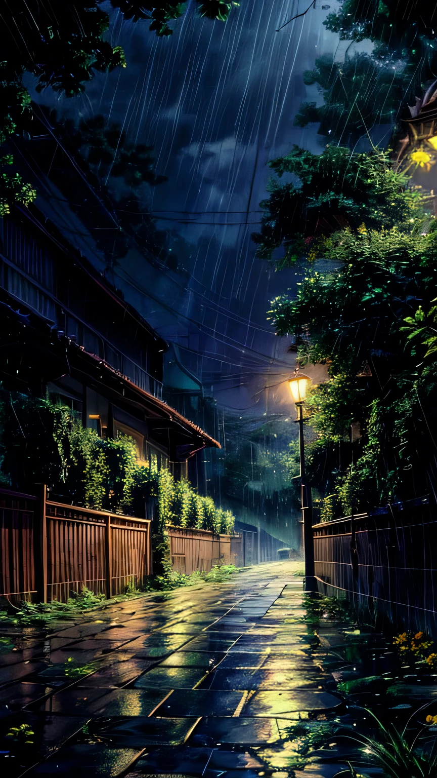 aesthetic rain scene in a open grass area with a road flowers and aesthetic street lights