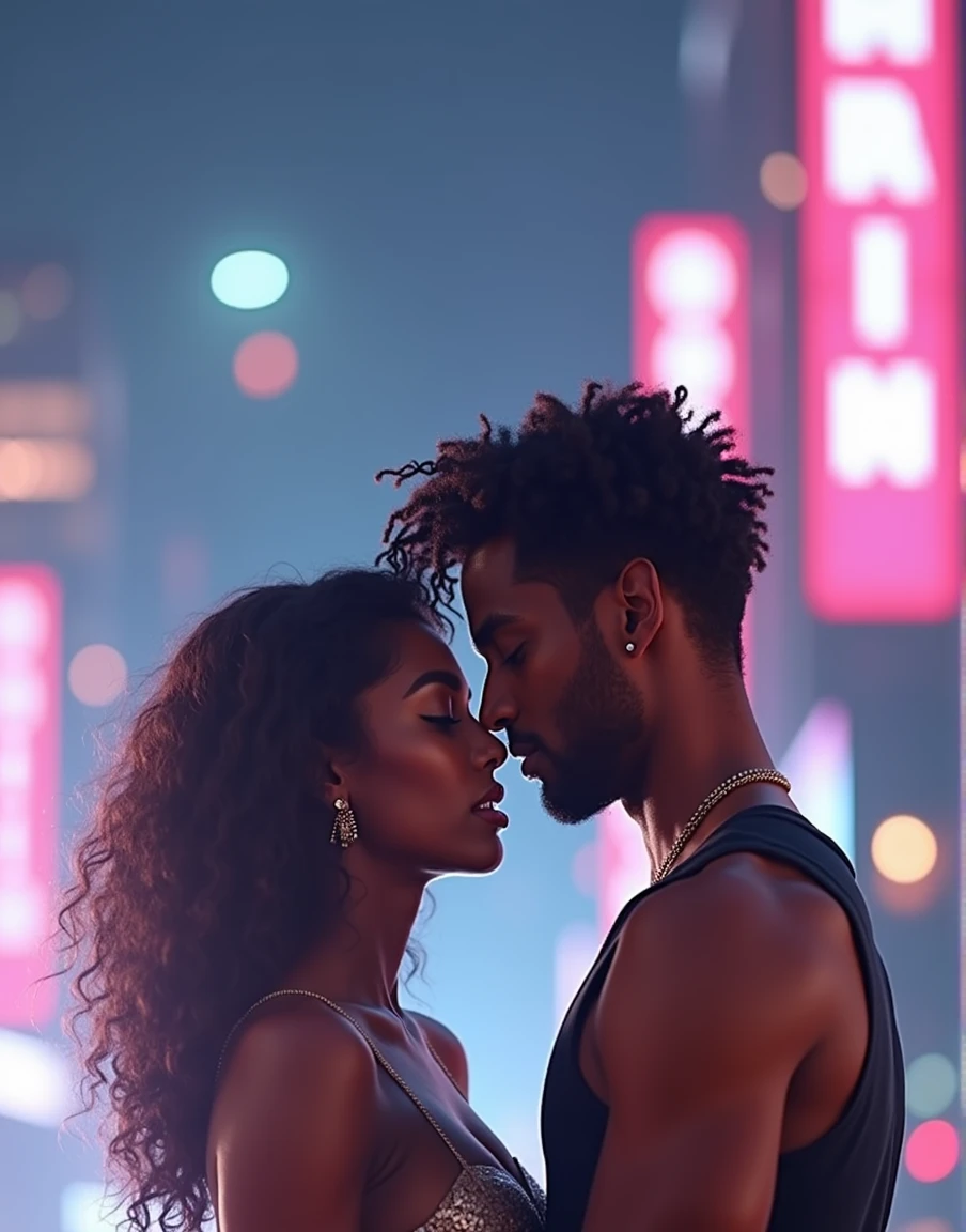 a close-up shot of a handsome black man and an Afro-Latina woman kissing, their lips close together, cinematic lighting, romantic atmosphere, detailed facial features, beautiful skin tones, chiaroscuro lighting, dramatic shadows, intense eye contact, passionate embrace, high quality, photorealistic, 8k, cinematic, dramatic