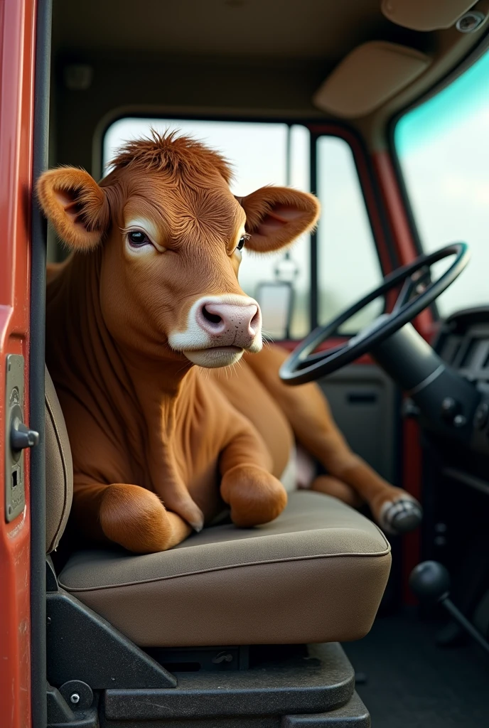 Cow sitting on a truck seat