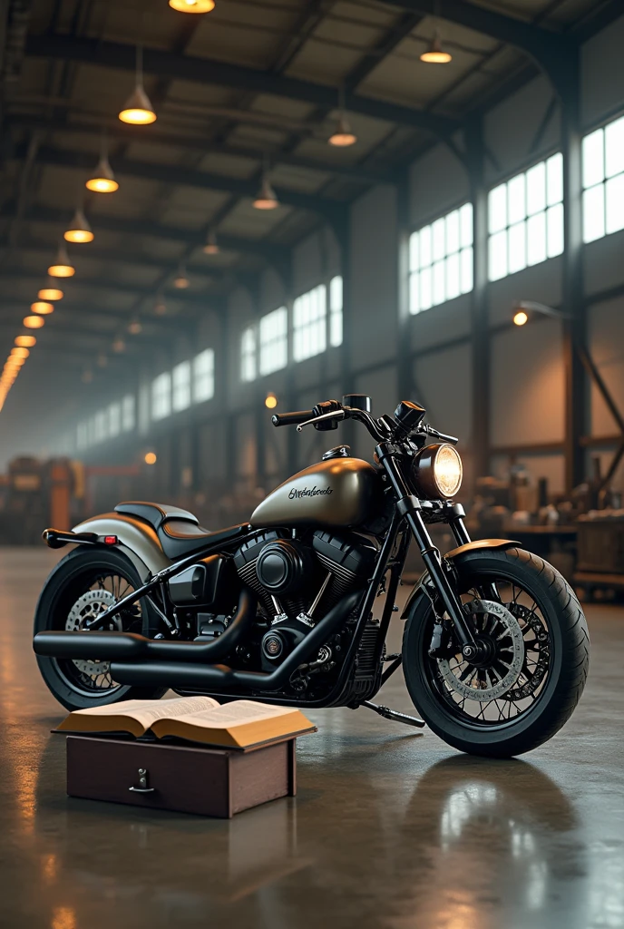 You are my professional image generator. Por favor, create the image of a custom motorcycle in a large warehouse. In front of the motorcycle, a small table. On top of the small table, an open holy bible.