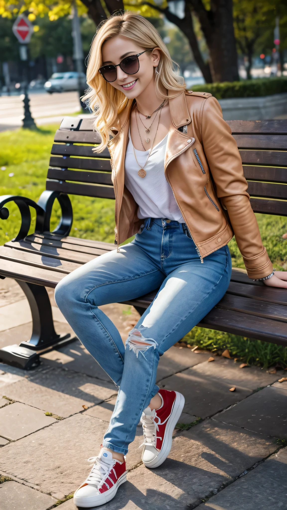 Super Resolution、Beautiful Russian Women、Full body photo、sitting on a park bench、Short Haircut、Blonde Hair、Wavy Hair、Ear piercing、necklace、leather jacket、shirt、Skinny jeans、sneakers、smile、Beautiful teeth alignment