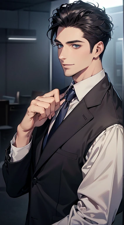 (Highest quality,4K,8K,High resolution,masterpiece:1.2),Super detailed,(Realistic,photoRealistic,photo-Realistic:1.37),1 person,31 years old,Mature Man,Beautiful skin、Profile、very handsome,Expressionless,smile,Short gray black hair,blue eyes,Sharp Eyes,A perfect face without a doubt,Businessman,Office Background,Cinema Lighting,HDR image,tie、