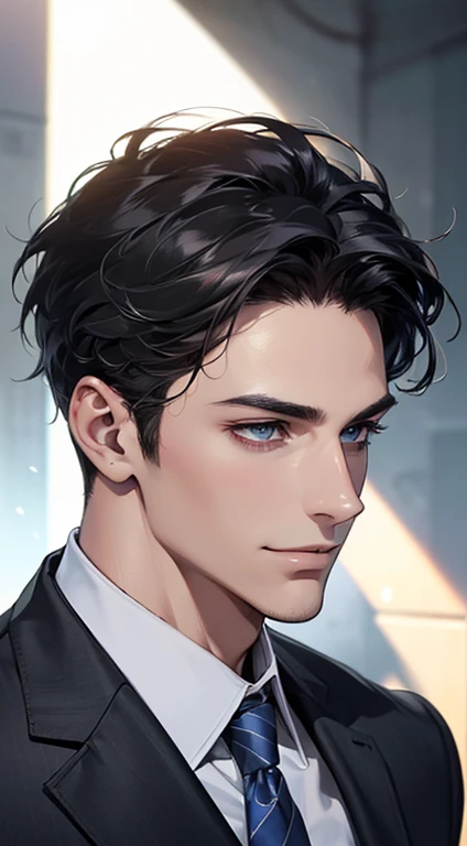 (Highest quality,4K,8K,High resolution,masterpiece:1.2),Super detailed,(Realistic,photoRealistic,photo-Realistic:1.37),1 person,31 years old,Mature Man,Beautiful skin、Profile、very handsome,Expressionless,smile,Short gray black hair,blue eyes,Sharp Eyes,A perfect face without a doubt,Businessman,Office Background,Cinema Lighting,HDR image,tie、
