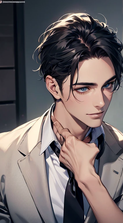 (Highest quality,4K,8K,High resolution,masterpiece:1.2),Super detailed,(Realistic,photoRealistic,photo-Realistic:1.37),1 person,31 years old,Mature Man,Beautiful skin、Profile、very handsome,Expressionless,smile,Short gray black hair,blue eyes,Sharp Eyes,A perfect face without a doubt,Businessman,Office Background,Cinema Lighting,HDR image,tie、