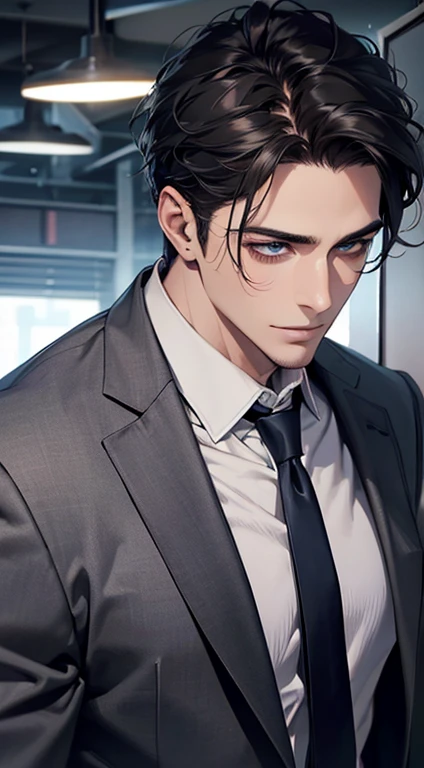 (Highest quality,4K,8K,High resolution,masterpiece:1.2),Super detailed,(Realistic,photoRealistic,photo-Realistic:1.37),1 person,31 years old,Mature Man,Beautiful skin、Profile、very handsome,Expressionless,smile,Short gray black hair,blue eyes,Sharp Eyes,A perfect face without a doubt,Businessman,Office Background,Cinema Lighting,HDR image,tie、