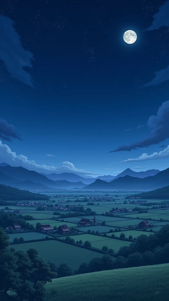 **"A wide-angle view of a Japanese countryside at night during summer. The scene includes a vast, star-filled sky with twinkling stars spread across the dark blue sky. Below, traditional Japanese houses are lined up, surrounded by fields of crops. The landscape is illuminated subtly by moonlight, and the quiet, serene atmosphere of the countryside is evident. The overall perspective is pulled back enough to capture the full view of the sky, fields, and houses, emphasizing the peaceful and expansive nature of the rural setting.  - (relaxed)