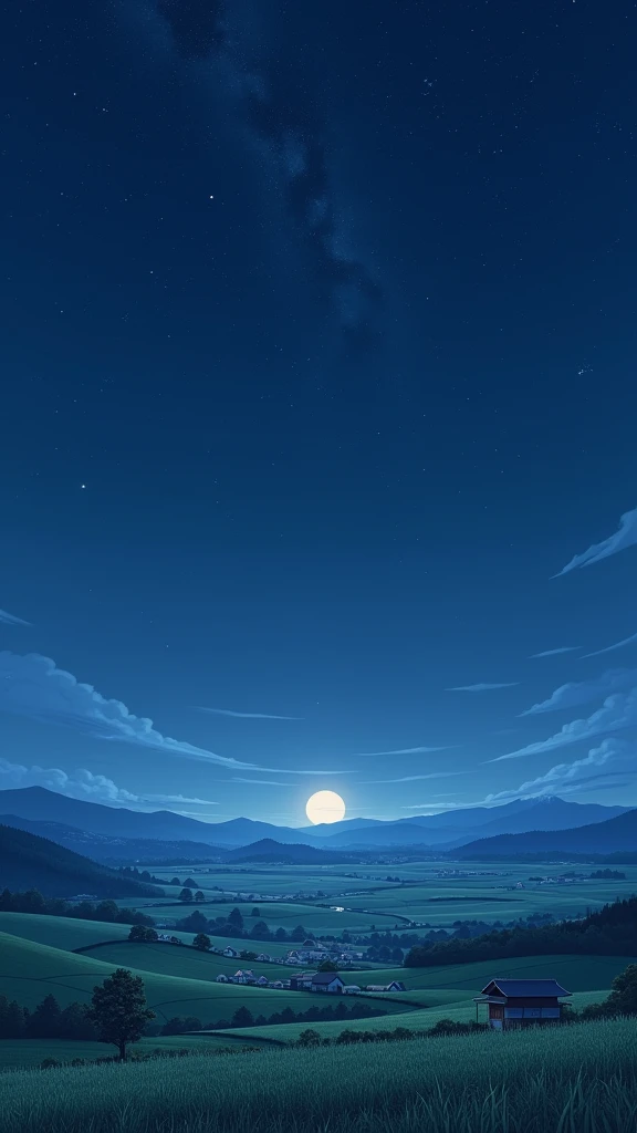 **"A wide-angle view of a Japanese countryside at night during summer. The scene includes a vast, star-filled sky with twinkling stars spread across the dark blue sky. Below, traditional Japanese houses are lined up, surrounded by fields of crops. The landscape is illuminated subtly by moonlight, and the quiet, serene atmosphere of the countryside is evident. The overall perspective is pulled back enough to capture the full view of the sky, fields, and houses, emphasizing the peaceful and expansive nature of the rural setting.  - (relaxed)