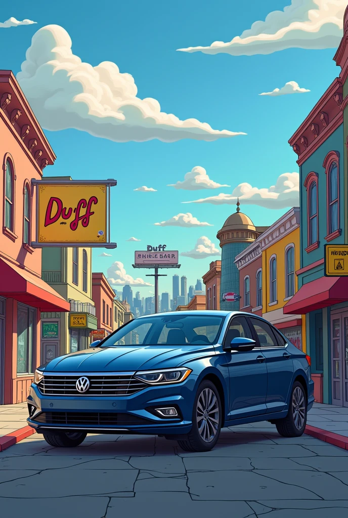Dark blue Jetta car with a Springfield Simpsons background