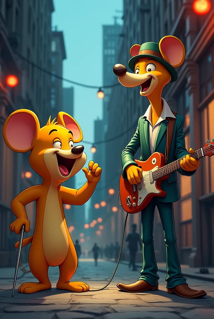 Boss, Cool, skewer, Potato, Genius and Chu-Chu from Hanna Barbera , singing and playing Beatles in a New York alley