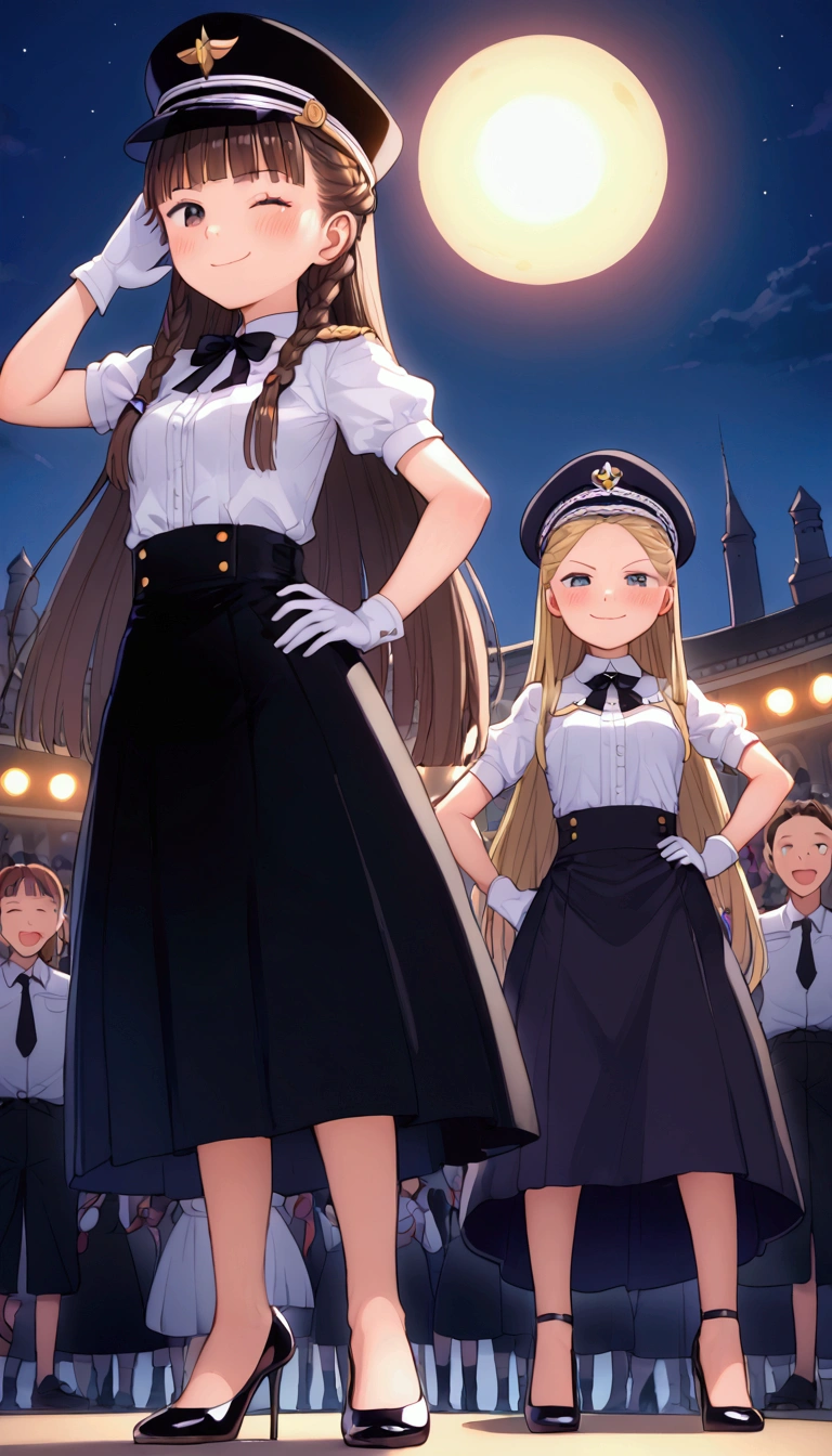 {Highest quality}, {Super beautiful},{Ultra fine},{Best illustration},Brown Hair,Hime cut,Braid,long hair,Two Women,Standing Woman,Strike a pose,Adult women,smug face,smile,Ecstasy face,Wink,Blushing,Uniform cap,White shirt,Short sleeve,Black long skirt,White gloves,Black stiletto heels,Night Park,crowd,Slender,From below,Spread your legs,Put one hand on your hip