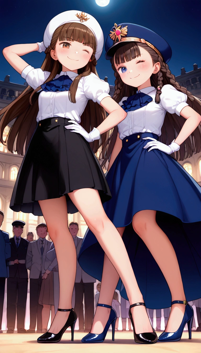 {Highest quality}, {Super beautiful},{Ultra fine},{Best illustration},Brown Hair,Hime cut,Braid,long hair,Two Women,Standing Woman,Strike a pose,Adult women,smug face,smile,Ecstasy face,Wink,Blushing,Uniform cap,White shirt,Short sleeve,Black long skirt,White gloves,Black stiletto heels,Night Park,crowd,Slender,From below,Spread your legs,Put one hand on your hip