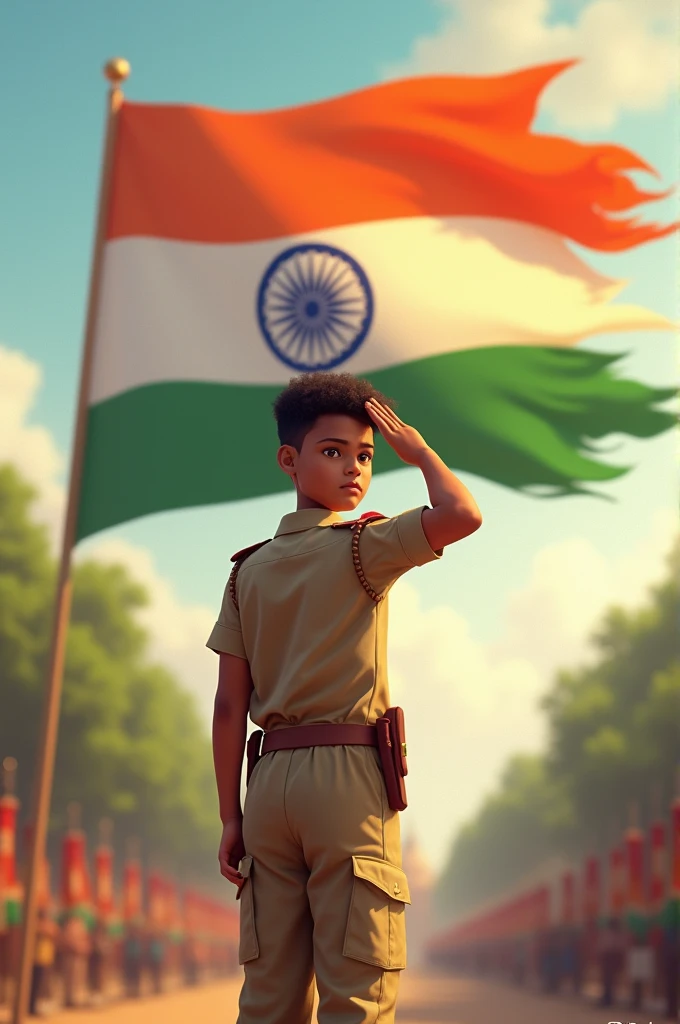 Devu is saluting the Indian flag.