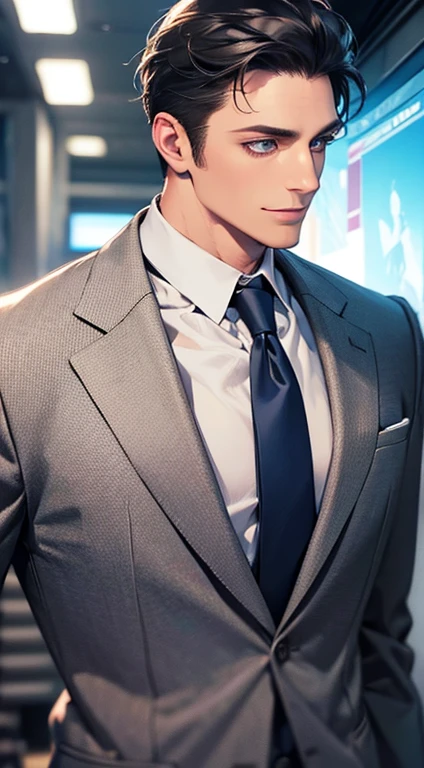 (Highest quality,4K,8K,High resolution,masterpiece:1.2),Super detailed,(Realistic,photoRealistic,photo-Realistic:1.37),1 person,31 years old,Mature Man,Beautiful skin、Profile、very handsome,Expressionless,smile,Short gray black hair,blue eyes,Sharp Eyes,A perfect face without a doubt,Businessman,Office Background,Cinema Lighting,HDR image,tie、