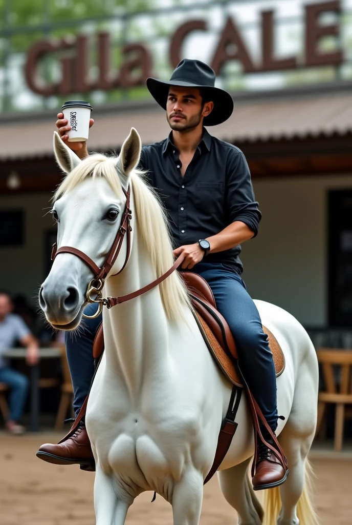 White horse, halter coffee, rein, the cord that the white assembler holds, cilla cafe,  man riding a horse, black shirt, Blue pants, Brown shoes, black hat
