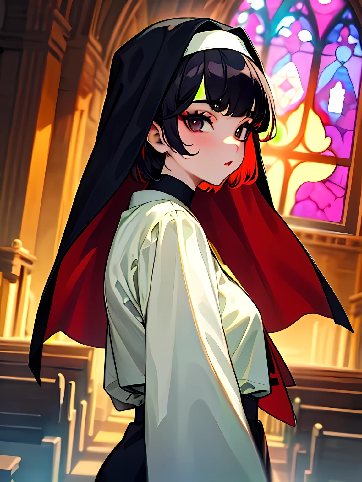 sideview,looking at viewer,solo,upperbody,Fascinating, Nuns, eye shadow, eyeliner, blondes, Black Hair, (Multicolored Hair), bangs, eye shadow, church、 cathedral,