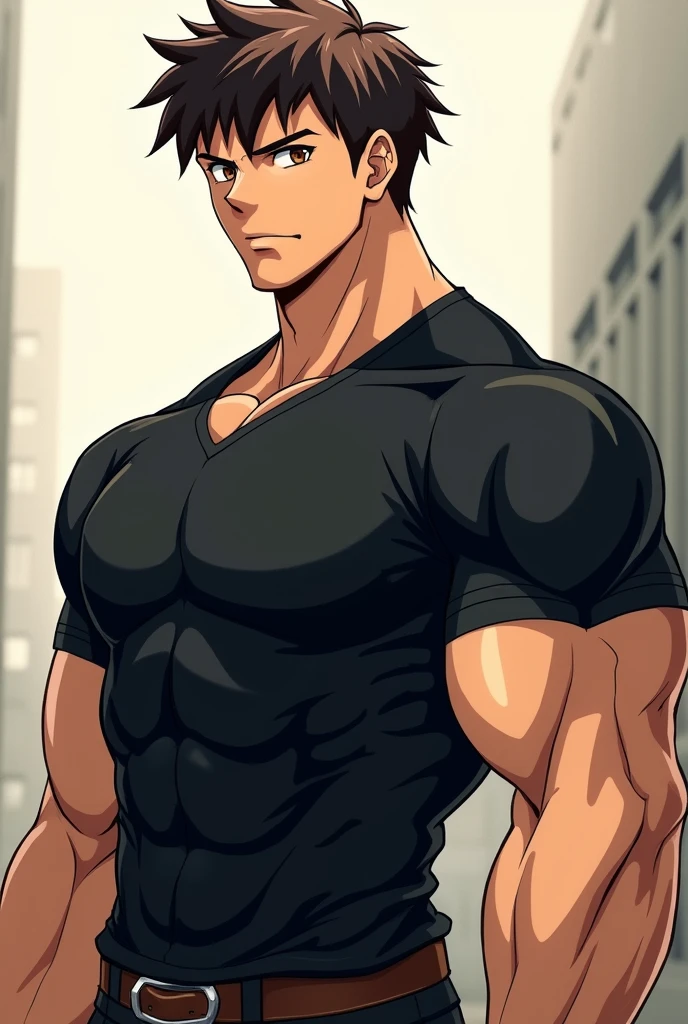 Bblack hair,1.97 96 kg,athletic body brown eyes,short hair wearing a black shirt in anime style
