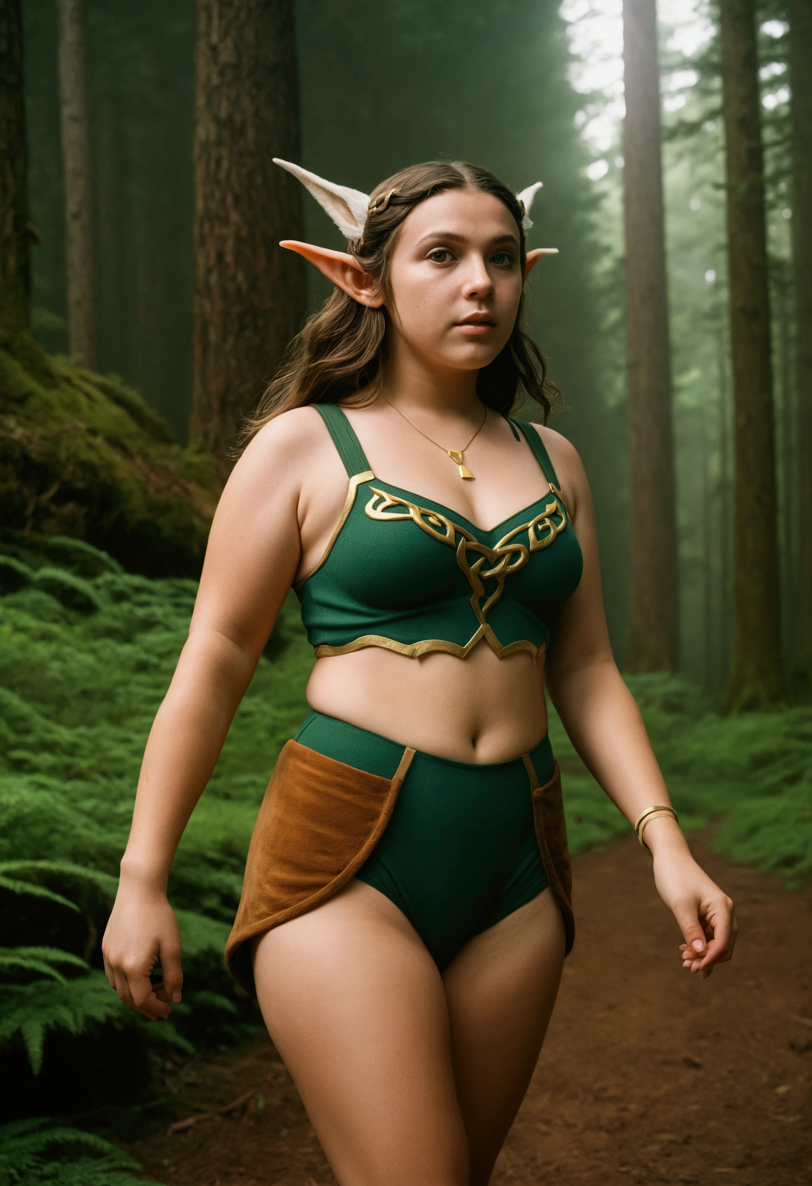 analog film photo, photo of a Hylian girl, elf ears, honey eyes, wild brunette hair, tan complexion, tall stature, voluptuous hourglass figure, full hips, plump round buttocks, wearing a bralette and briefs, strolling through Hyrule's wilderness, resembles Millie Bobby Brown, RAW Photograph, dslr, soft lighting, high quality, film grain, Fujifilm XT3, detailed skin with visible pores, insane details, masterpiece, 8k, 35mm photograph, dslr, kodachrome, faded film, desaturated, grainy, vintage, Lomography, stained, highly detailed, found footage, close-up shot, elven ears