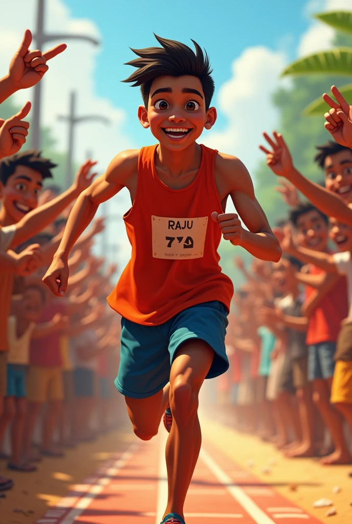 Raju Winning a Competition**: Another sports competition in the village. This time, Raju is seen crossing the finish line with a victorious smile, while the crowd cheers for him. His confidence and determination are evident.
