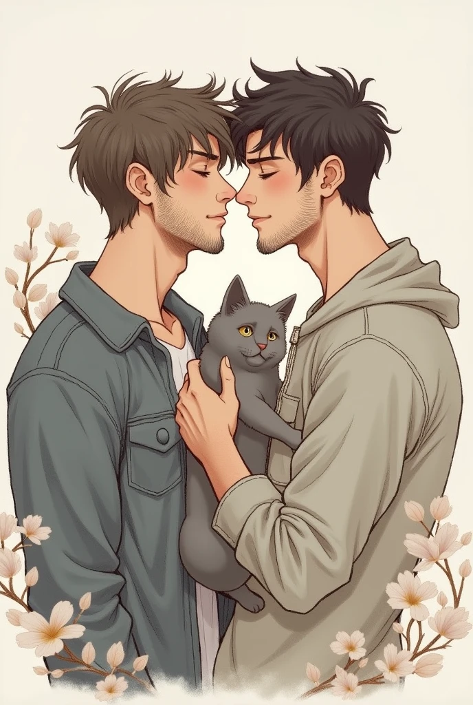 Drawing of two young men with a bit of beard, in love, with a grey cat.
