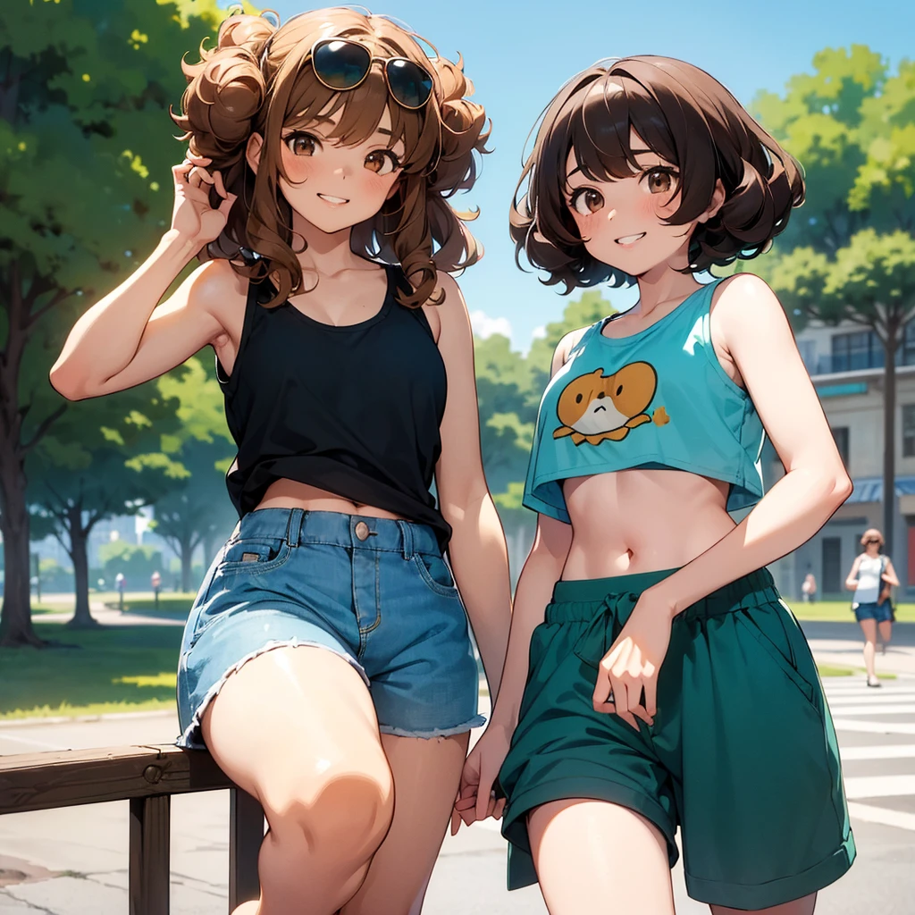 1girl, brown hair (curly, fluffy, bangs, unbound), brown eyes (round), sunglasses (on head, above eyes), grin, lips, teal tank top, blue shorts (baggy, knee-length), navel, slim, masterpiece, ultra-detailed, illustration, absurd res, anime, perfect, 4k, 8k, highres, sunny park